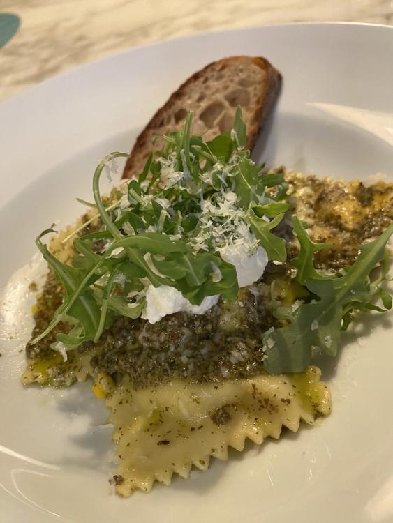 Sweet corn burrata ravioli, pesto, ricotta, and arugula (Trader Joe's)