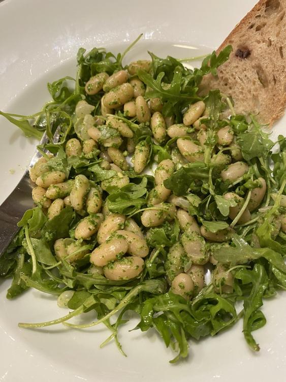 warm white bean salad with arugula pesto and preserved lemon