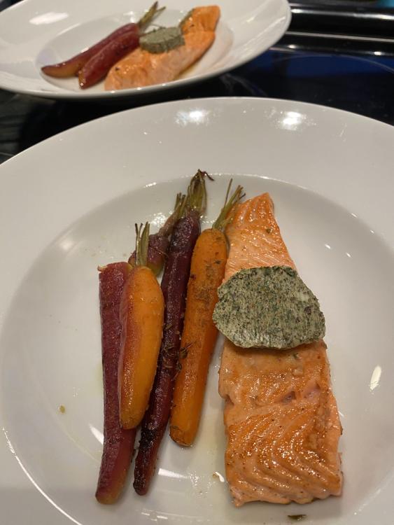 sushi grade Mt Cook salmon (bought at Catalina Offshore) with red sorrel butter; baked carrots with cumin, thyme, butter and dry vermouth.