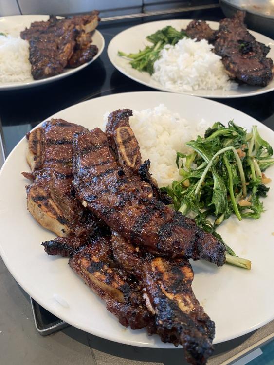 Kalbi ribs with mizuna greens