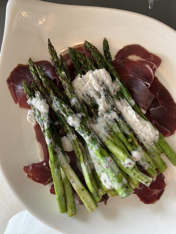 prosciutto and grilled asparagus with whole grain mustard