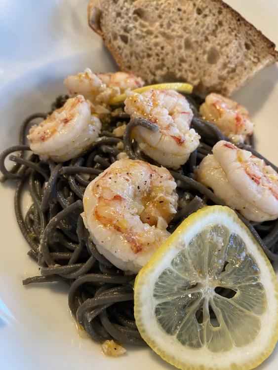 Shrimp scampi with squid ink linguine