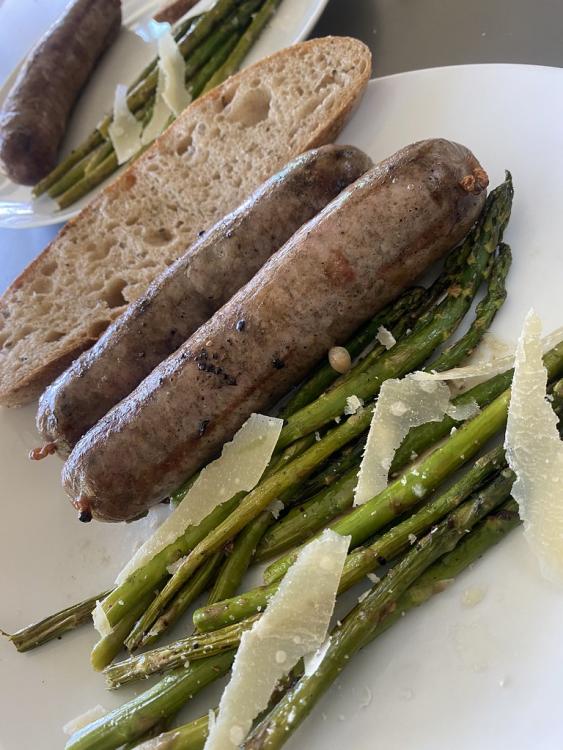 Grilled brats and asparagus