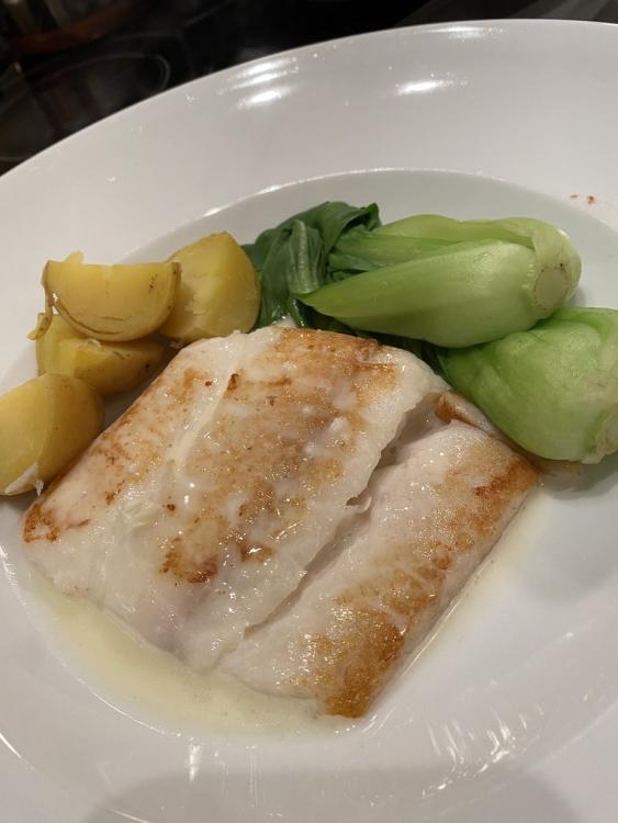 Local halibut with lime ginger beurre blanc, bok choy, new potatoes