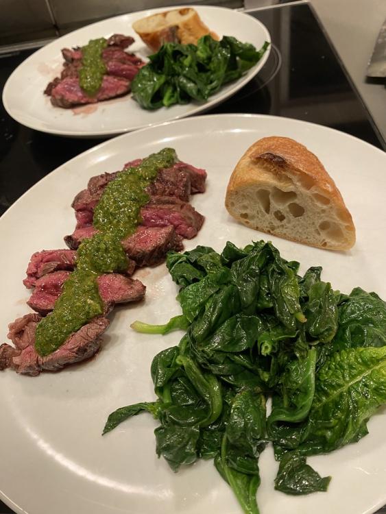 Hanger steak with chimichurri (Ruhlman), spinach with butter and nutmeg (Jamie Oliver)
