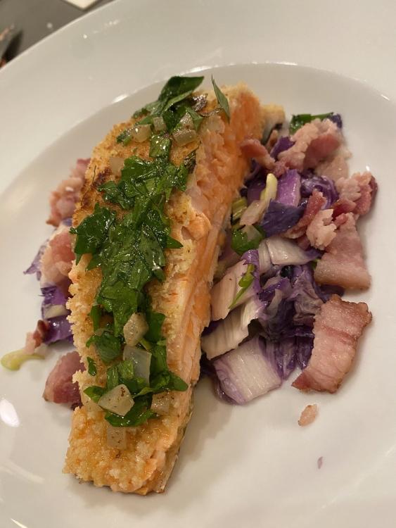 Salmon à la Lutèce with cabbage and brown butter vinaigrette