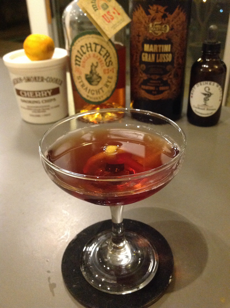 Loves Rival (Tim Robinson via Gaz Regan) with Michter's US-1 single barrel straight rye whiskey, Martini Gran Lusso, BDW grapefruit bitters, cherry & yuzu smoke #cocktail #cocktails #craftcocktails #rye #whiskey #101bestnewcocktails