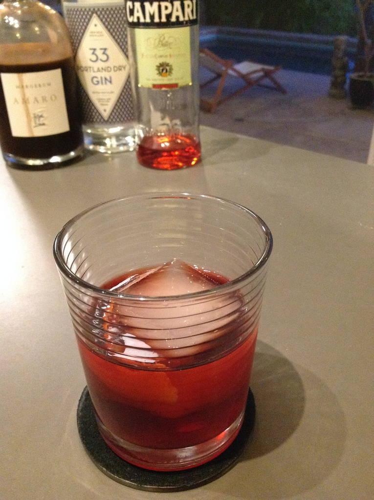 Negroni with New Deal Portland 33 dry gin, Campari, and Margerum amaro