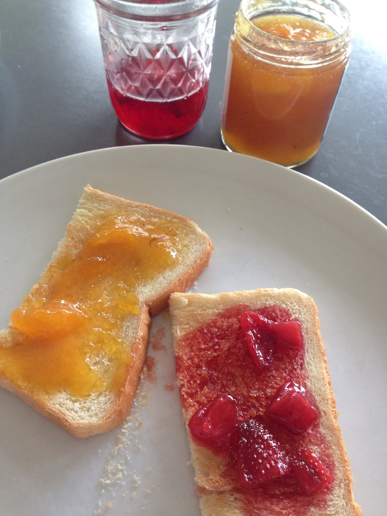 Peach and saffron jam (Ferber recipe); strawberry jam (Russ Parsons recipe)