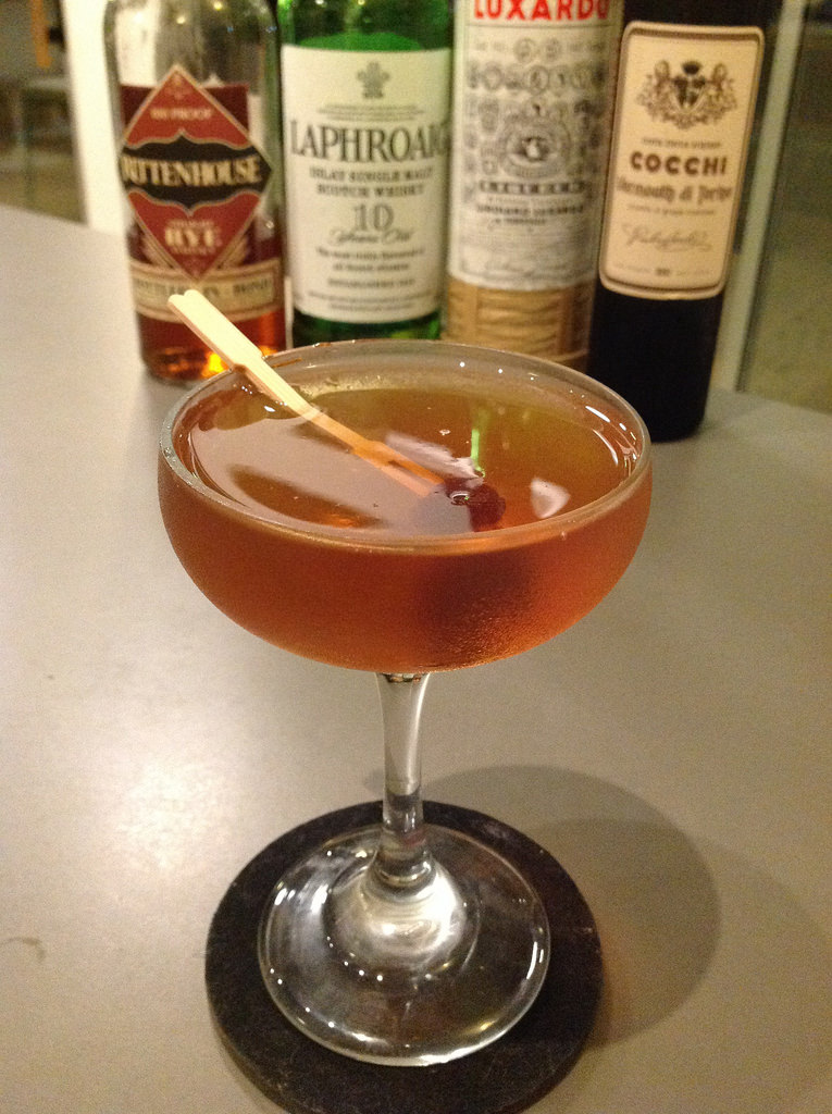 Meat Hook ( Shaun Layton) with Rittenhouse 100 rye whiskey, Cocchi vermouth di Torino, Luxardo maraschino liqueur, Laphroaig 10 year Scotch whisky #cocktail #cocktails #craftcocktails #whiskey #whisky #scotch #experimentalcocktailclub