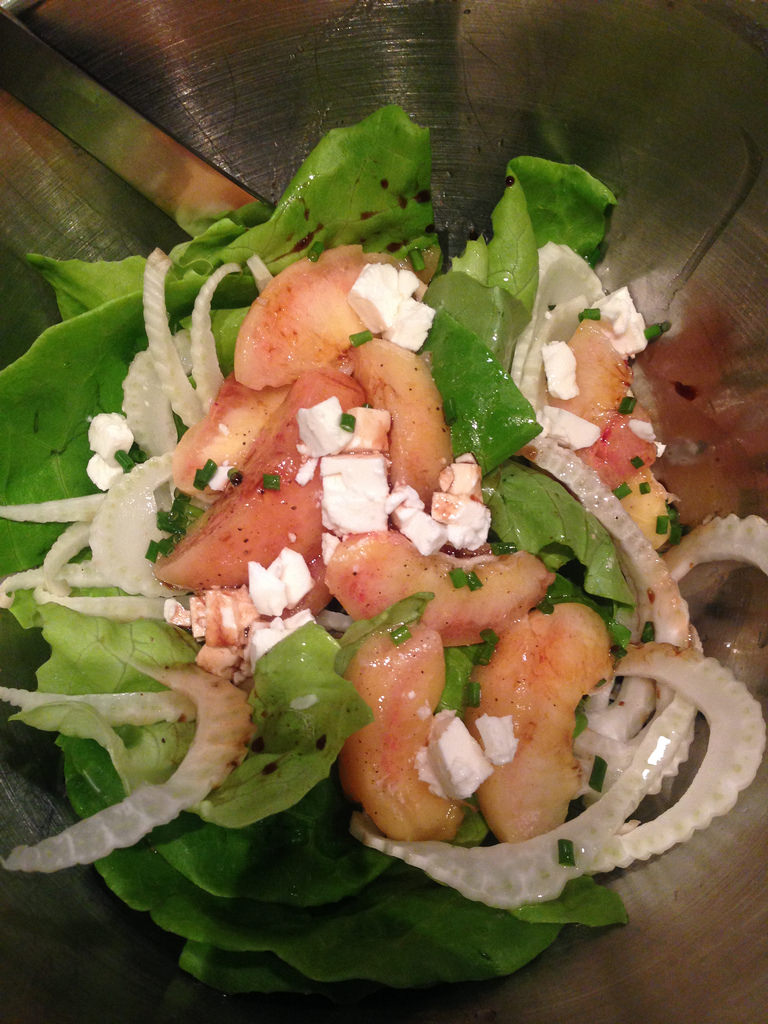 Salad with butter lettuce, white peaches, fennel, feta, chives, lemon-infused olive oil and balsamic vinegar dressing