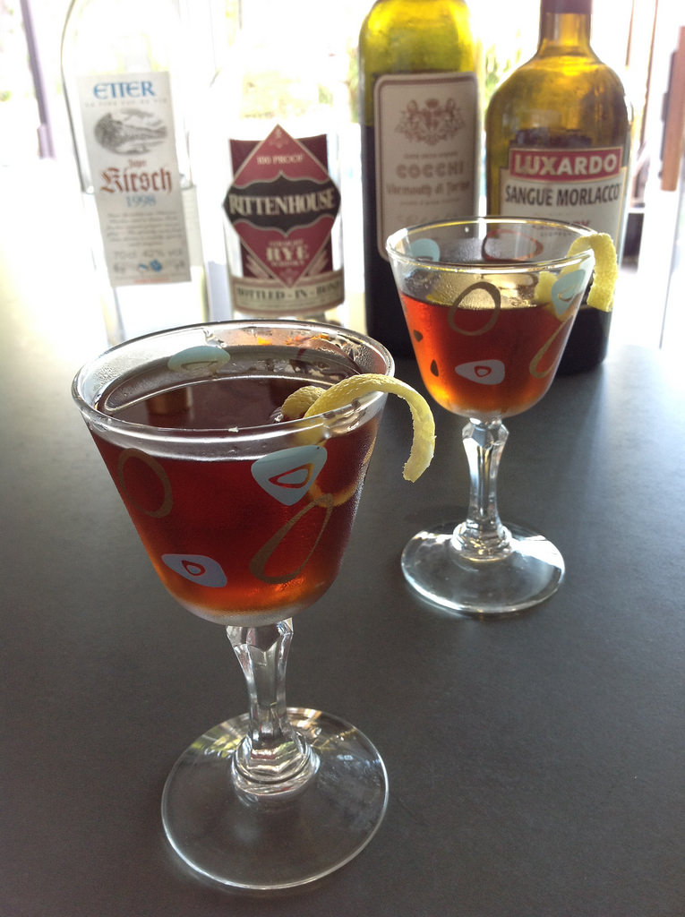 Remember the Maine a la Death & Co with Rittenhouse 100 rye, Cocchi vermouth di Torino, Luxardo cherry liqueur, Etter 1998 kirsch, St. George absinthe #cocktails #cocktail #craftcocktails #deathandco #whiskey #rye #absinthe #eaudevie #kirsch