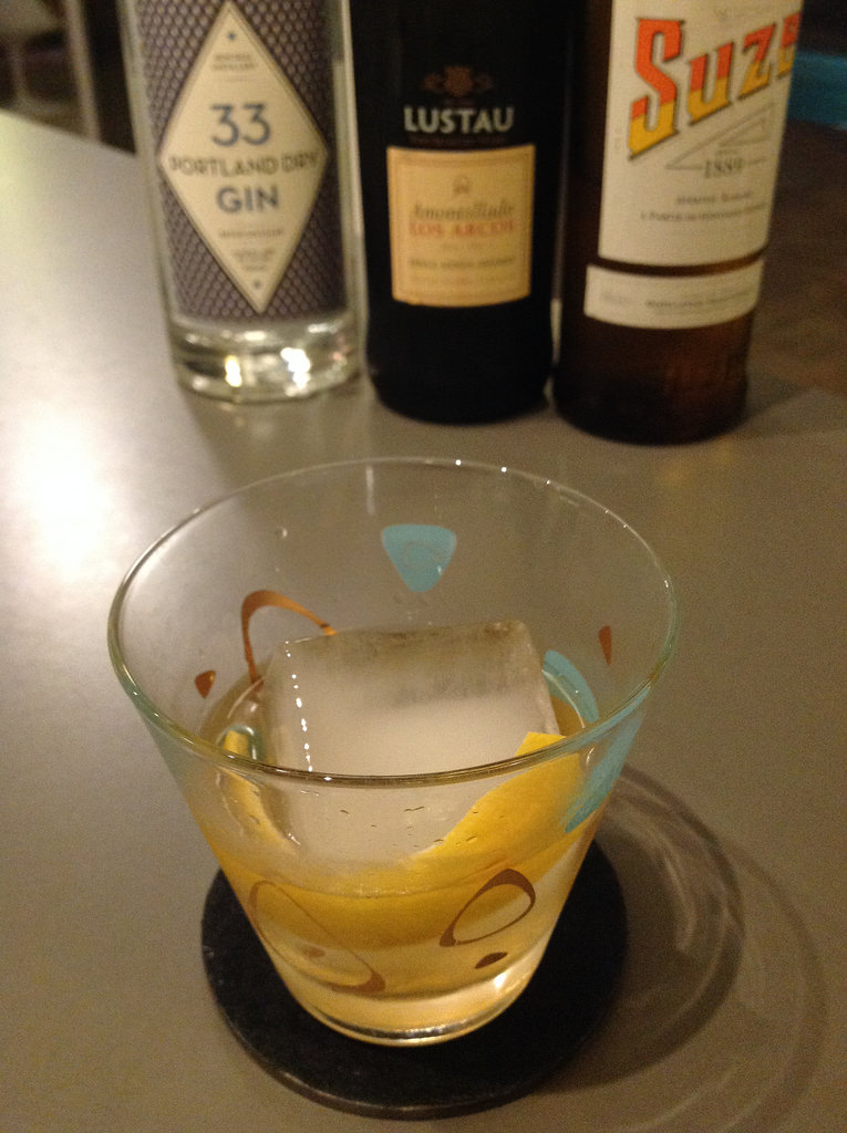 White Negroni variation with 33 Portland dry gin, Suze, and Lustau amontillado sherry