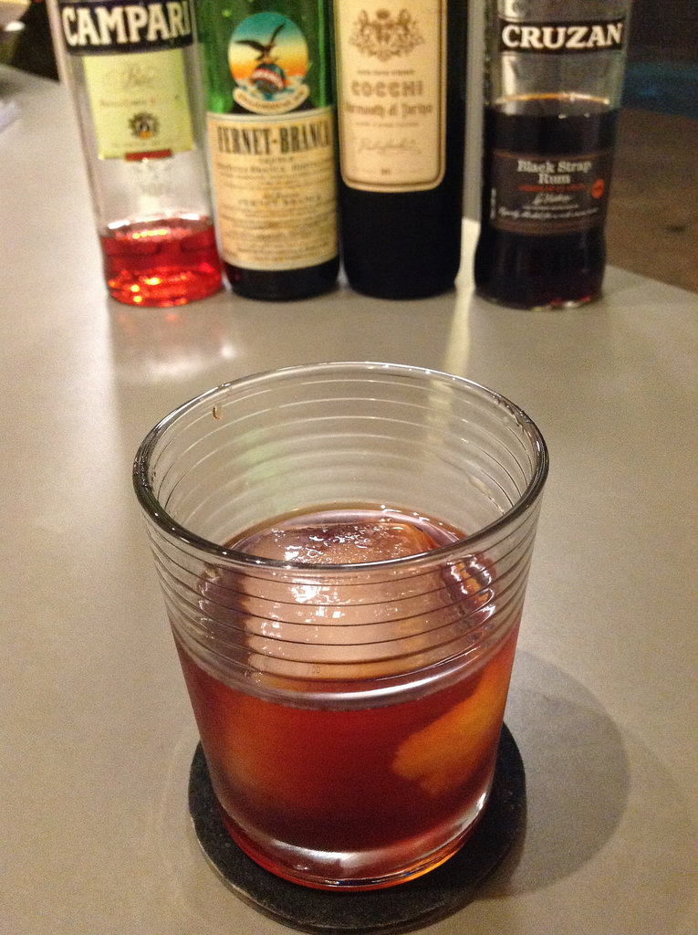 The Black Stallion Sets Sail (John Parra & Kyle Hankin via Punch) with Cruzan blackstrap rum, Cocchi vermouth di Torino, Fernet-Branca, Campari, saline solution #cocktail #cocktails #craftcocktails #rum #negroni #fernet #fernetbranca