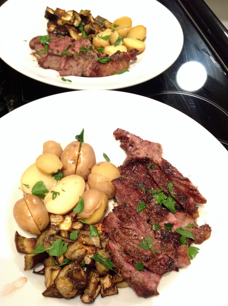 Grilled ribeye steak, baby potatoes (cooked in the pressure cooker), oven-roasted eggplant