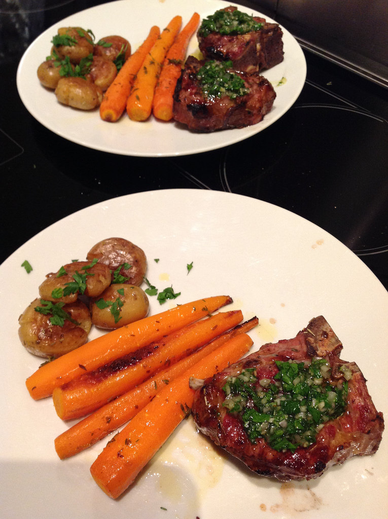 Grilled lamb loin chops with chimichurri sauce (April Bloomfield's recipe), baked carrots with thyme, cumin and vermouth (Jamie Oliver), smashed potatoes