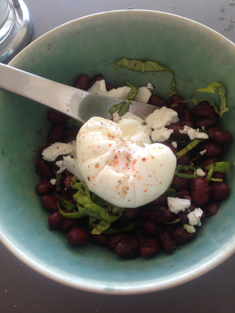 Bean salad (Lucques) with basil, feta and a poached egg