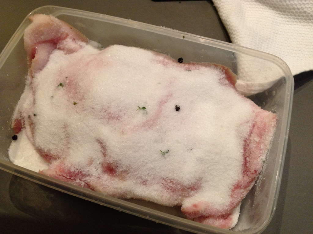 Curing pork jowl for guanciale