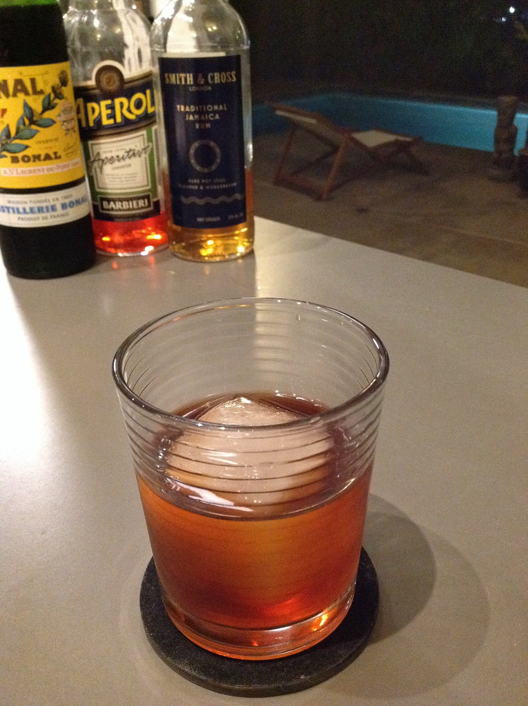 Rope Burn (Allan Katz) with Smith & Cross Jamaican rum, Bonal gentiane-quina, Aperol