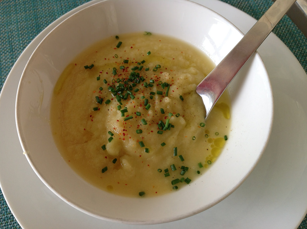 Spaghetti squash soup with leek, curry, ginger, chives, arbequina olive oil, espelette pepper