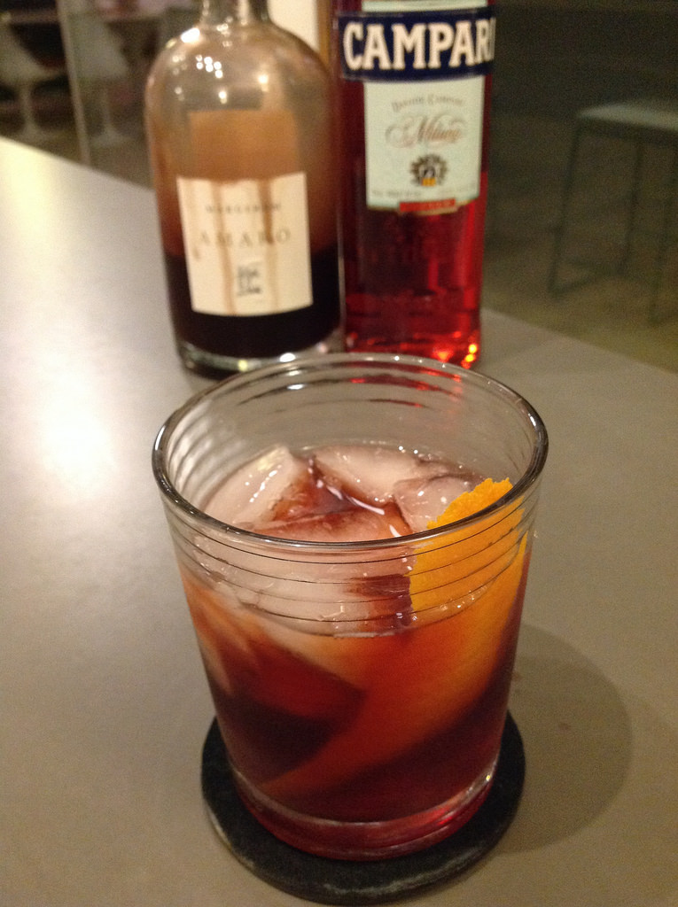 Negroni with 2 oz pineapple-infused Beefeater gin, 1.5 oz Margerum amaro, 1 oz Campari