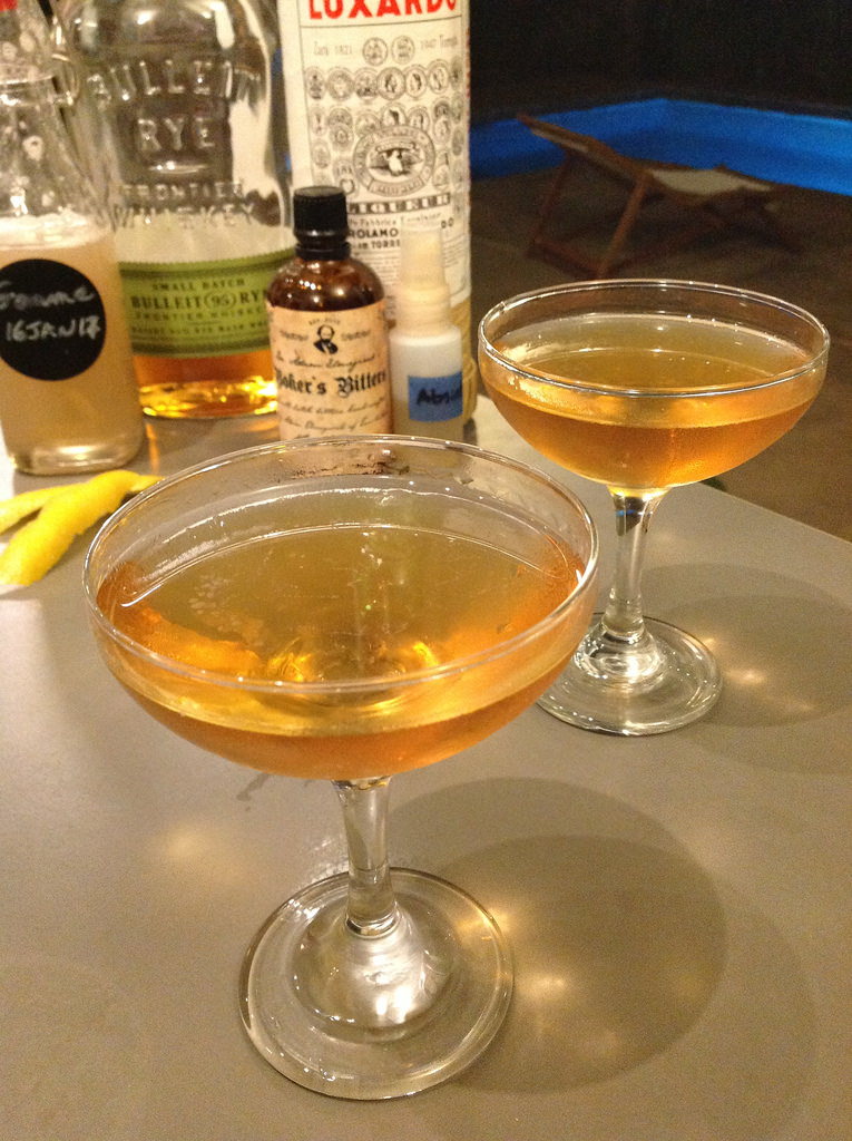 Improved Whiskey cocktail (Jerry Thomas via David Wondrich) with 2 oz Bulleit rye whiskey, 1 barspoon homemade gomme syrup, 1/2 barspoon Luxardo maraschino liqueur, 1/8 barspoon St. George absinthe, 2 dashes Dr. Elmegirab Boker's bitters, expressed lemon