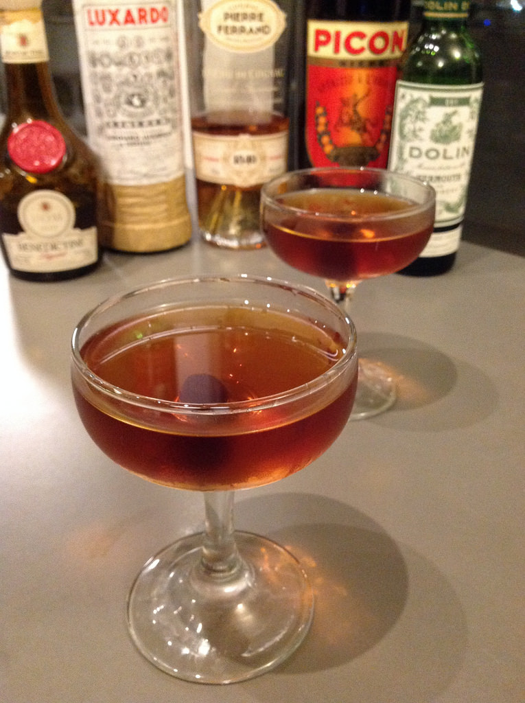 Benediction (as adapted by Frederic Yarm) with Pierre Ferrand 1840 cognac, Dolin dry vermouth, Benedictine, Picon, Maraschino liqueur #cocktail #cocktails #craftcocktails #cognac #benedictine #picon #pioneersofmxingatelitebars #fredyarm #maraschino