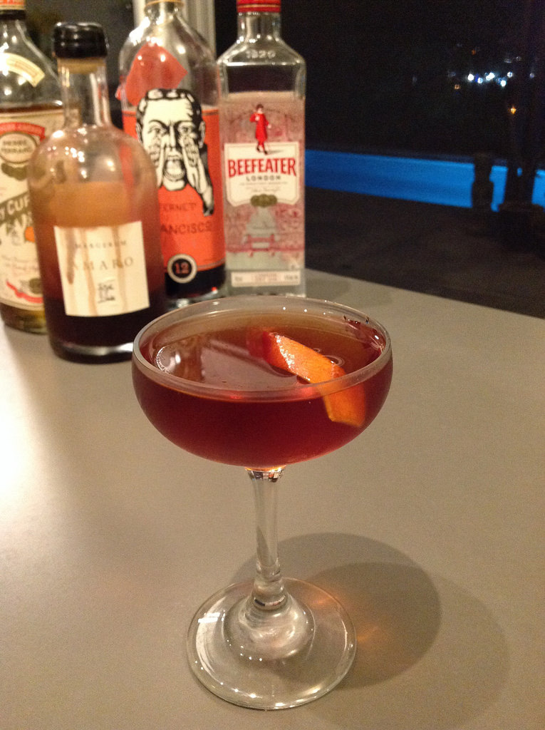 Don't Give Up The Ship (Crosby Gaige via the Bartender's Choice app) with 1.5 oz Beefeater London dry gin, 0.5 oz barrel-aged Fernet Francisco, 0.5 oz Margerum amaro, 0.5 oz Pierre Ferrand dry curaçao