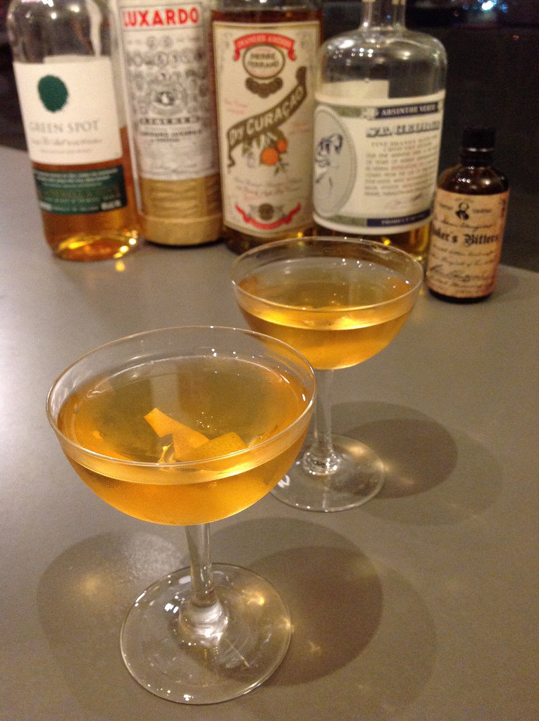 Irish cocktail (Harry Johnson via Frederic Yarm) with Green Spot irish whisky, Luxardo maraschino, Pierre Ferrand dry curacao, St. George absinthe, Dr. Elemegirab's Boker's bitters