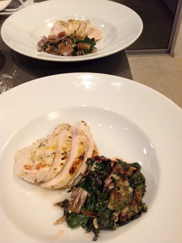 Chicken breast (sous vide) with chard gratin