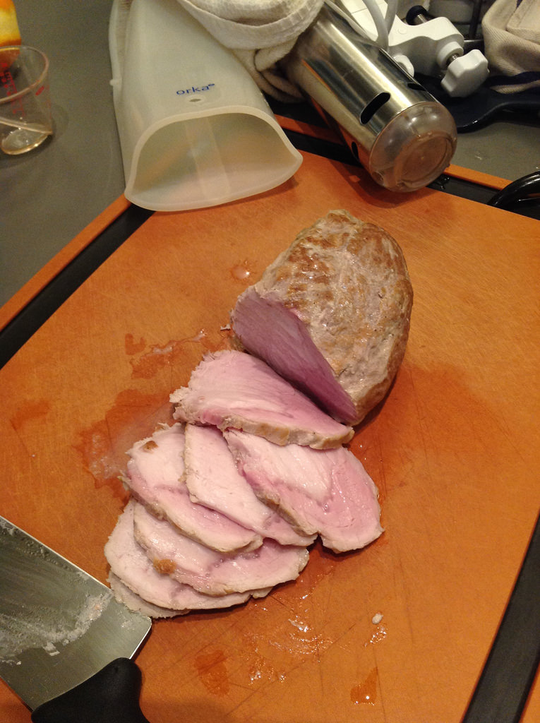 Sous-vide cream-poached pork loin