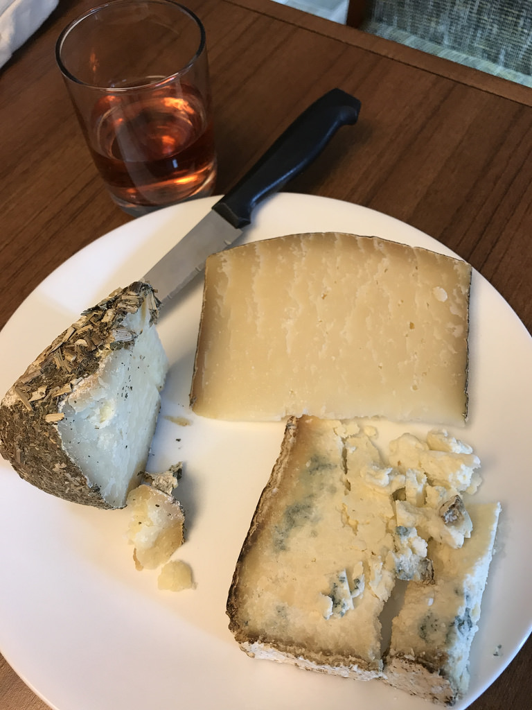 From left, clockwise: pecorino ala canapa fulvi, fiore sardo dop organic pondini, castromagno dop giolito - cheeses from Eataly Chicago