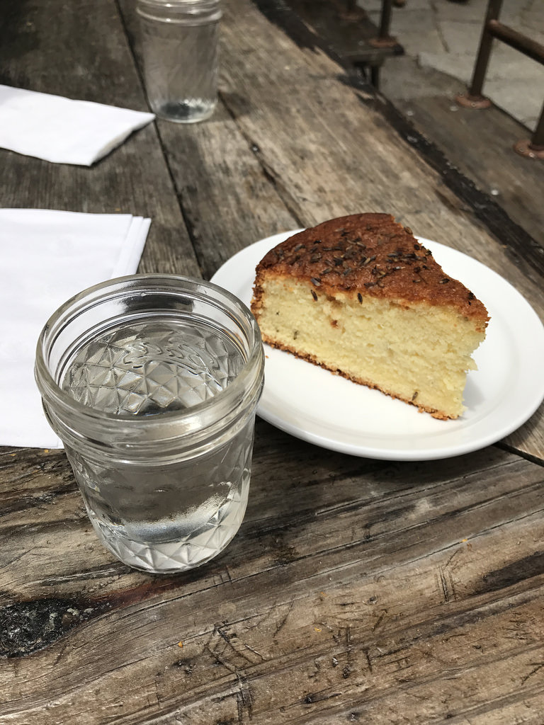 Plein Air Cafe, lavender tea cake, chocolate madeleines, cortado and hot chocolate (Hyde Park in Chicago)