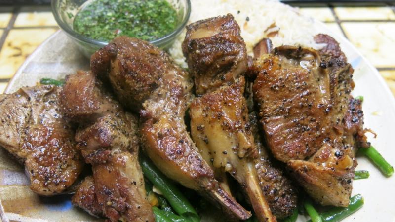 Grilled Lamp Chops, Fresh mint sauce, green beans almondine basmati rice with jeera and cardamom0229.jpg