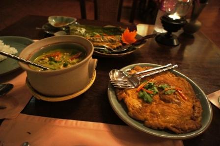 Baan Kanitha - Mains - River prawns in green curry, sour sausage omlette, setamed cotton fish in Thai herbs.JPG