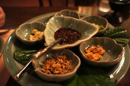 Baan Kanitha - Pandan leaves chilies dried shrimp roast coconut shrimp paste sauce.JPG