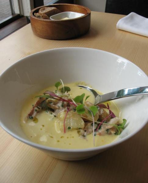 RESTAURANT A TABLE, MONTREAL - Corn soup, Potato salad, chives, aioli, crab meat.JPG