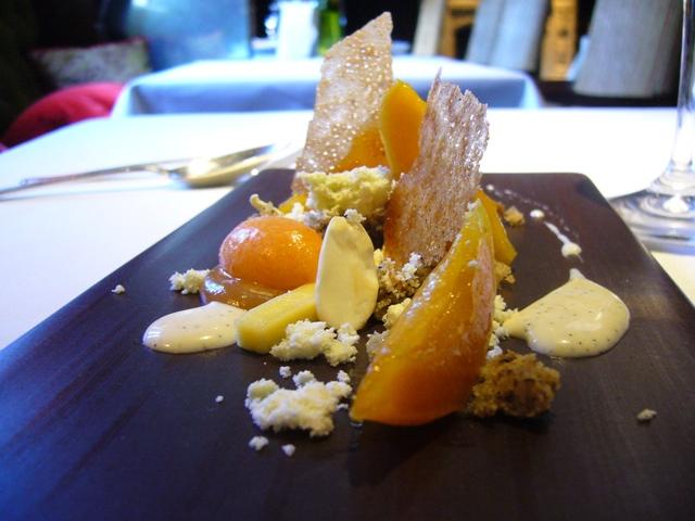 Michael Wignall - Apricots, fresh almonds, banana cake, apricot sorbet.jpg