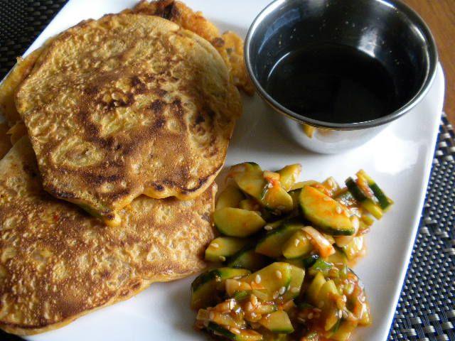 KIMCHI PANCAKES WITH DIPPING SAUCE AND CUCUMBER CONDIMENT.jpg