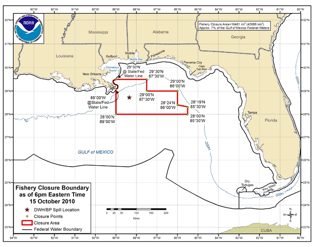 closuremap copy.gif></a></p><p>The red star is where the oil spill was. The closed area is basically a 45-mile square around the spill site, as well as some area to the east of that square. Everything else that was closed got reopened at various times over the past few months.</p><p>NOAA and FDA have been very conservative about reopening fisheries. Everybody I