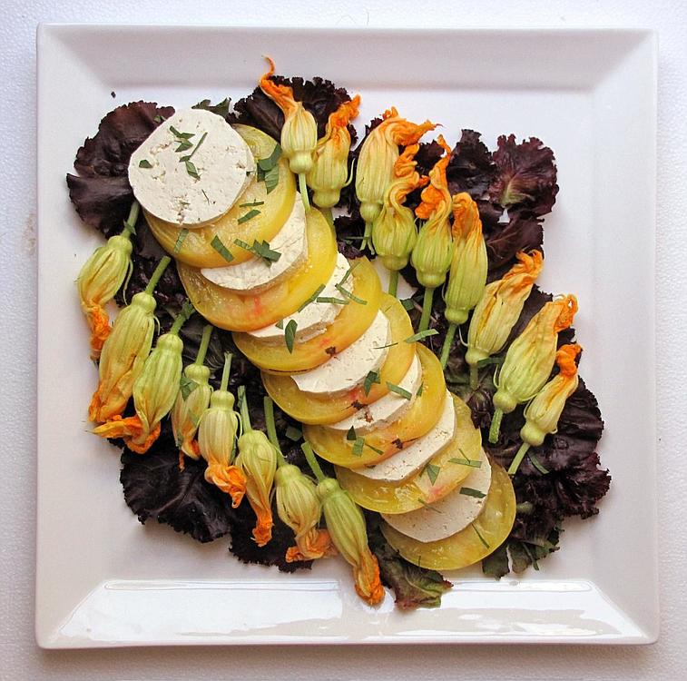 goat cheese stuffed squash blossoms, tomato, tofu.JPG