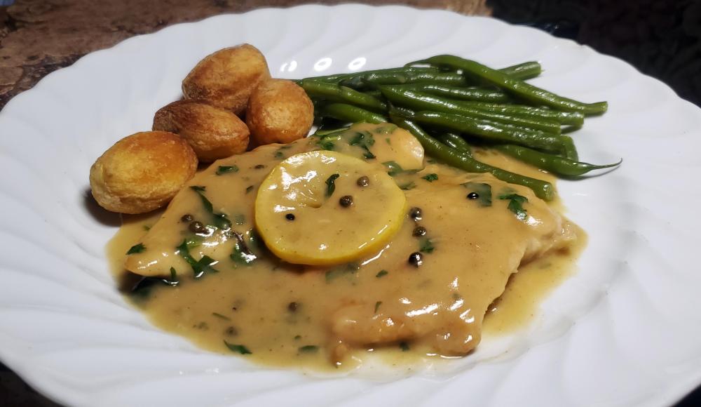 Chicken Lemon Piccata with green peppercorns and roasted potatoes October 18th, 2021.jpg