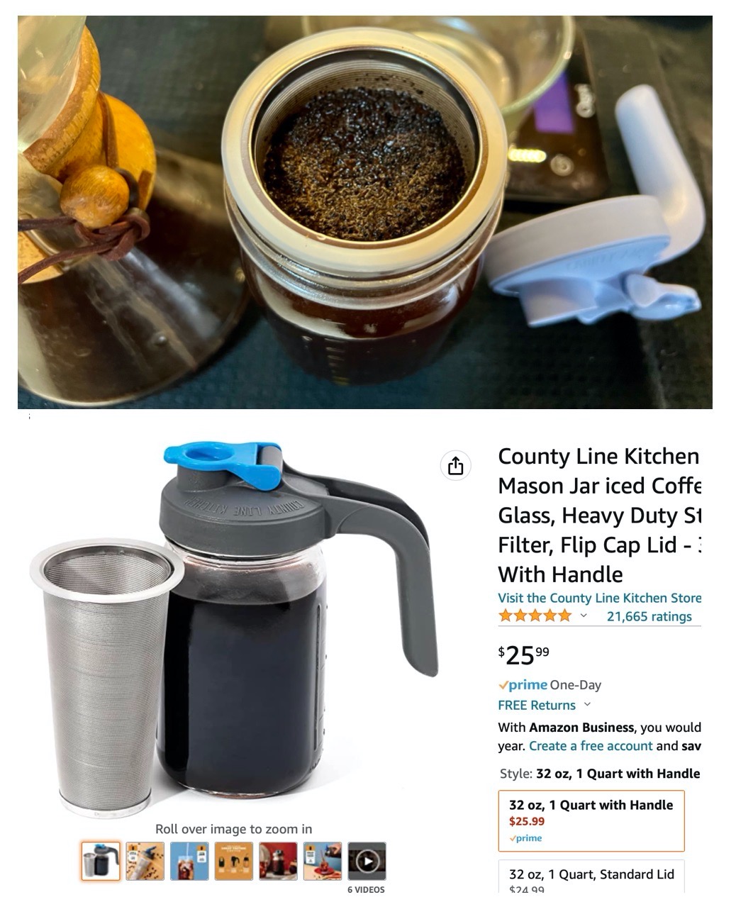 County Line Kitchen Mason Jar Cold Brew Coffee Maker, 1 Quart, with Flip  Cap Lid 