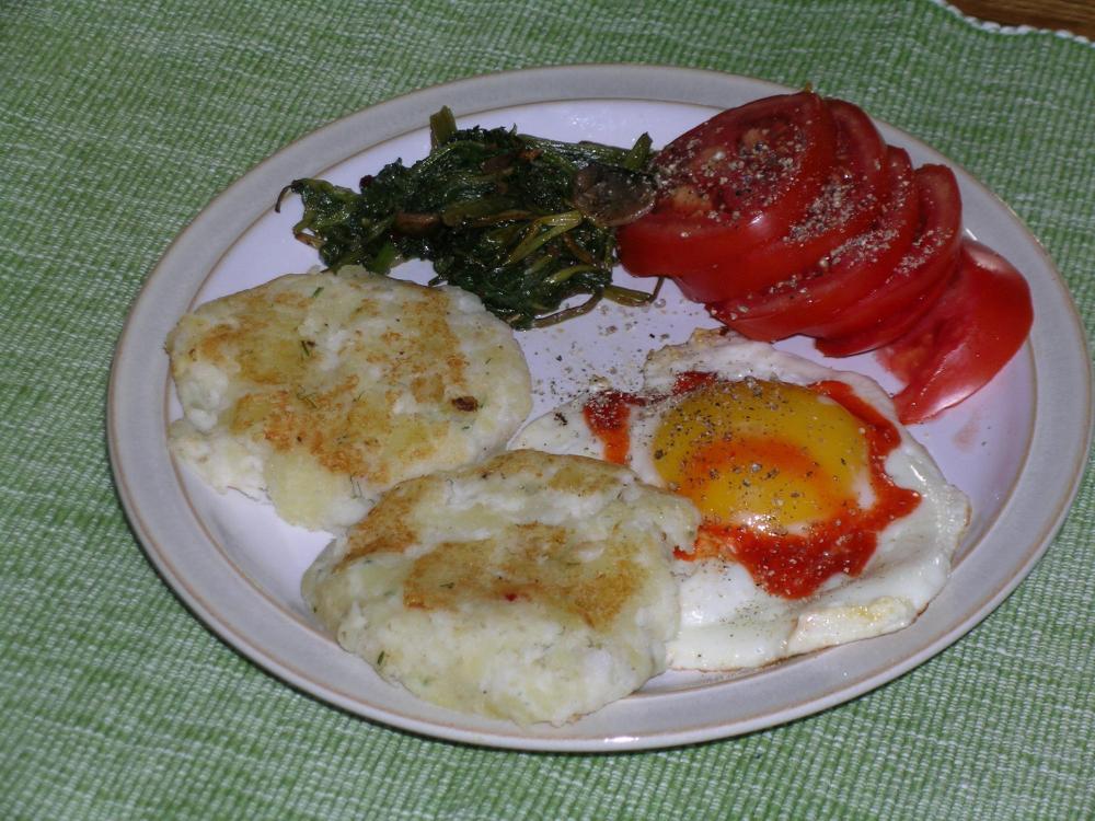 Haddock and Potato Cakes, Egg, Greens and Tomato.JPG