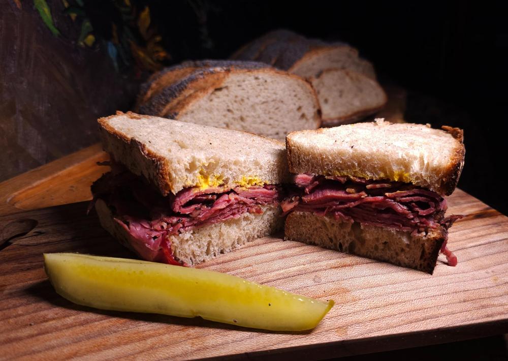Schwartz's Montreal Smoked Meat Sandwich on homemade Rye May 8th, 2024.jpg