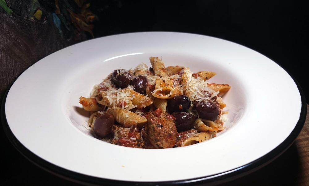Penne with sausage tomato basil sauce with olives July 25th, 2024.jpg