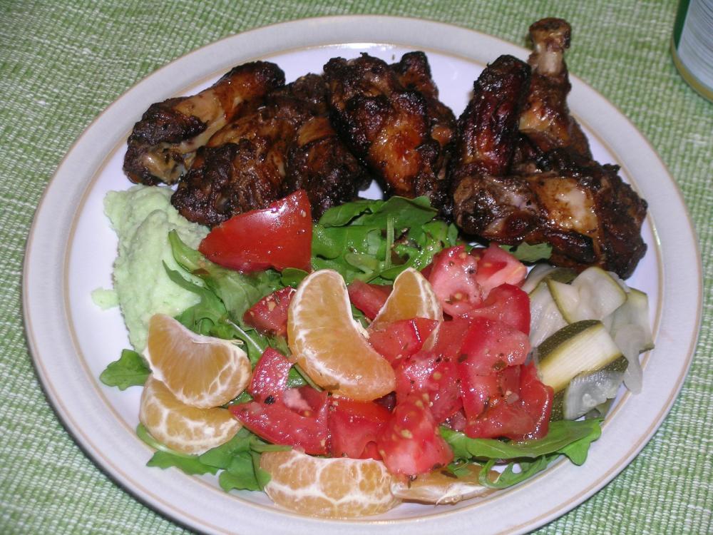 Jerk Wings, Colesalaw, Pickled Zucchini and an Arugula, Tomato and Mandarin Salad.JPG