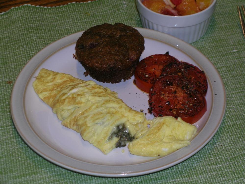 Spanakipita Omelet, Grilled Tomato and Bran Muffin.JPG